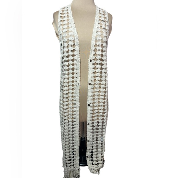 Nali Collection white Cotton Crochet Fringe Sleeveless Cardigan - Picture 1 of 9